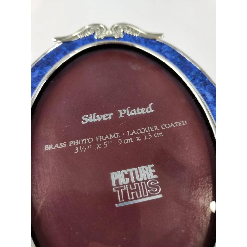 Vtg Picture This Silver Plated 3.5x5 Brass Photo Frame Lacquer Coated Blue Oval‎